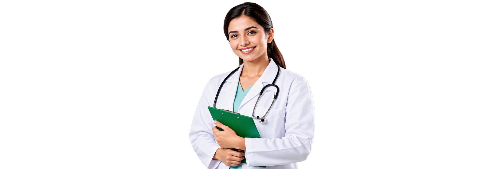 Smiling pharmacist holding a green clipboard
